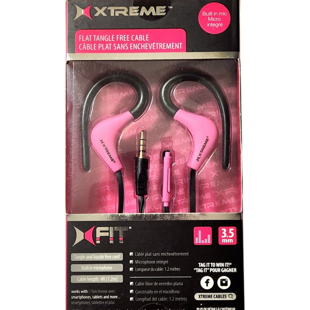 Xtreme Fit Sport Grip Wired Earbuds with Mic Pink 3.5mm Connection New in Box